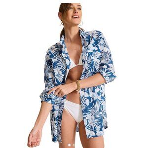 Tommy Bahama Island Blooms Boyfriend Beach Shirt Large Tropical Blue White